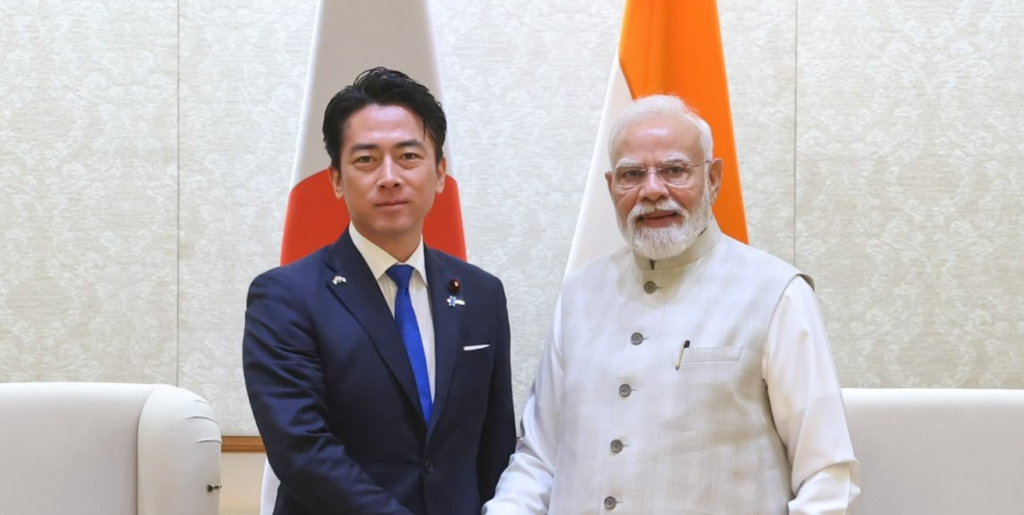 Prime Minister Narendra Modi welcoming Japan Defence Minister Shinjiro Koizumi during a bilateral meeting in New Delhi, 2026